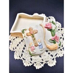 Vintage Ceramic Bible Trinket Box Praying Children Cross Rose Religious Keepsake